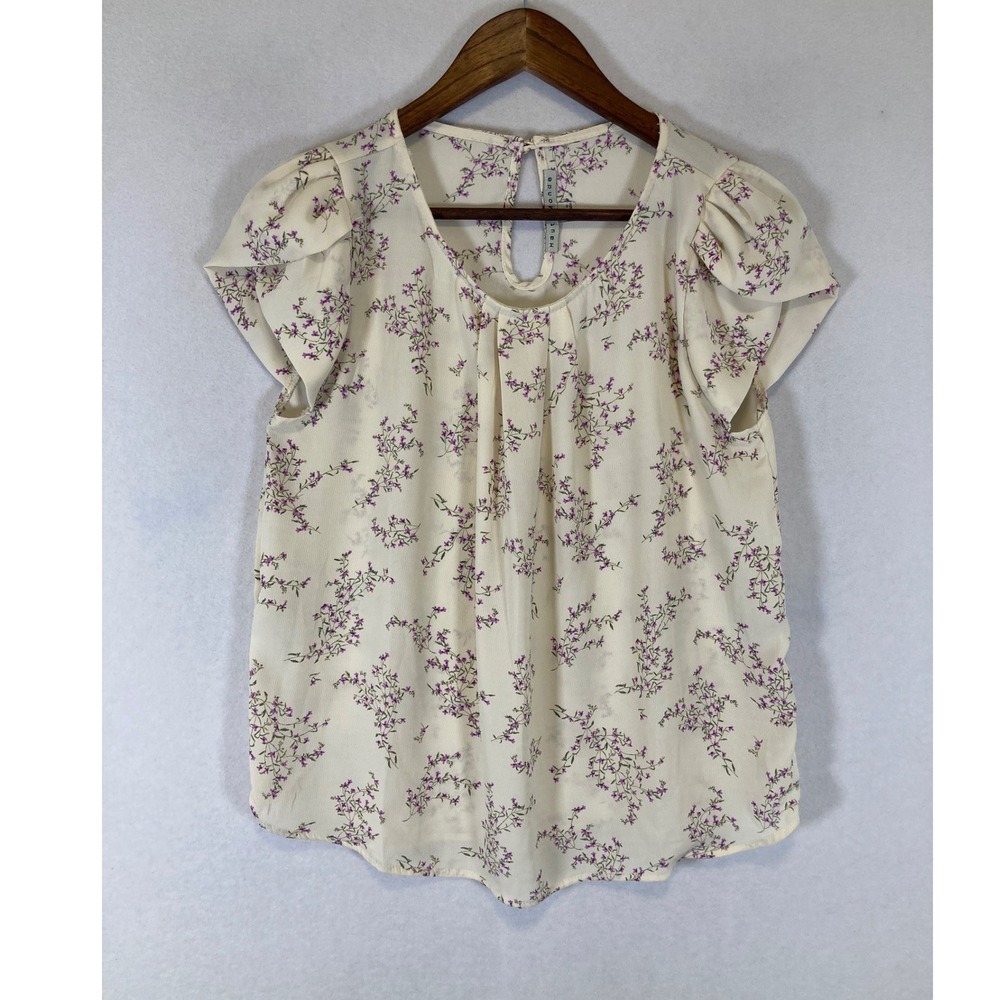 Cottagecore Haute Monde Womens Medium Cream Purple Floral Tulip Sleeve Blouse